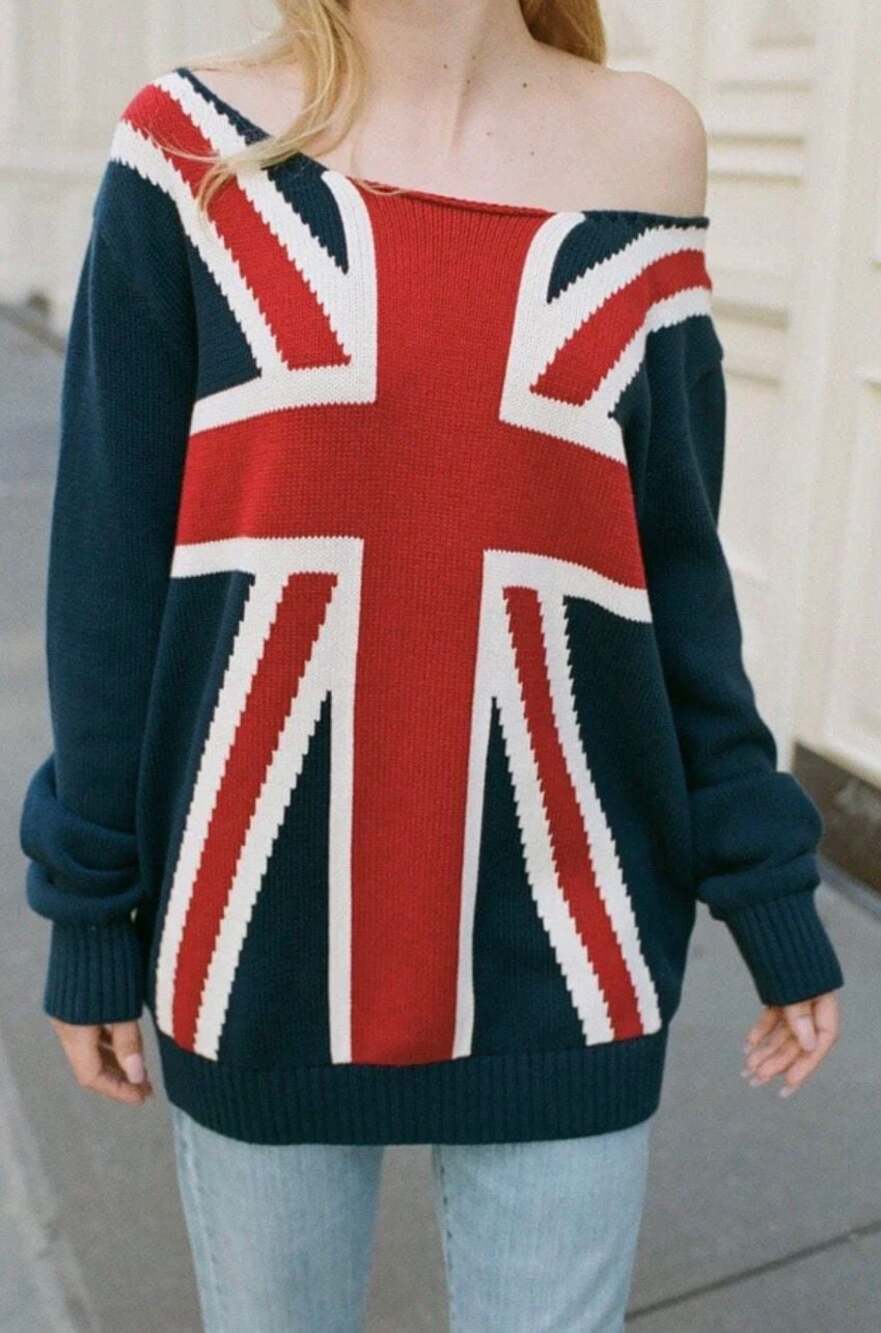 Brandy Melville Nico UK Flag Union Jack Off-the-Shoulder Knit Sweater